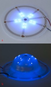 Miniature dome test vehicle with integrated low power LEDs, (a) circuit before forming, and (b) circuit after vacuum forming using a 40mm half-sphere mold. (Source: imec)